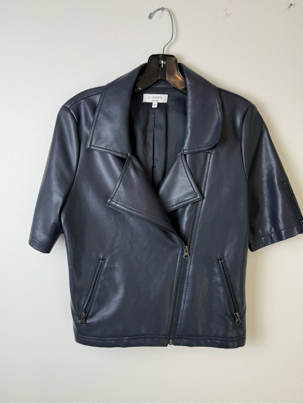 Society Navy Short-Sleeve Leather Moto Jacket with Asymmetric Zip